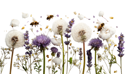 Floral meadow scene with bees.  Dandelions, lavender, and other wildflowers fill the image, with busy bees flitting among them.  Soft white dandelions and purple lavender are prominent