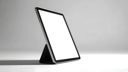 A modern tablet computer angled on a plain surface, showcasing a blank screen against a neutral backdrop.