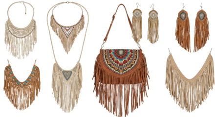 Various bohemian-style jewelry including necklaces and earrings isolated on a transparent background  