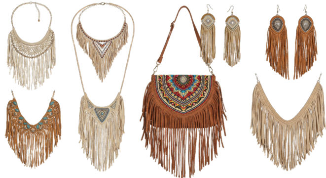 Various bohemian-style jewelry including necklaces and earrings isolated on a transparent background  