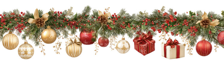 Christmas garland with ornaments, greenery, and gifts