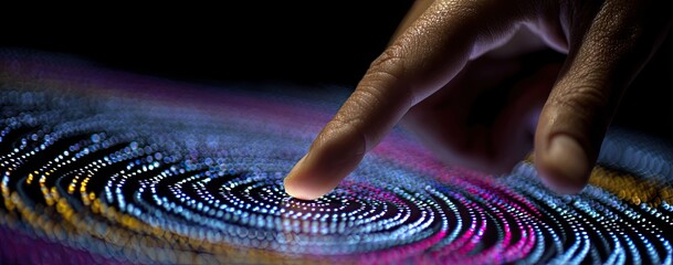 Close-up of a finger touching a digital display with swirling, colorful data patterns