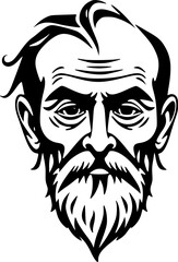 Old Man Head Monochrome Black and White Illustration Art Vintage Classic Retro Style Detailed Portrait Design