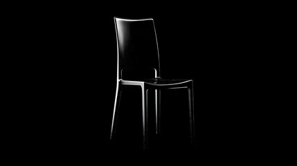 A modern, transparent chair stands boldly against a stark black backdrop, showcasing its sleek, minimalist design.