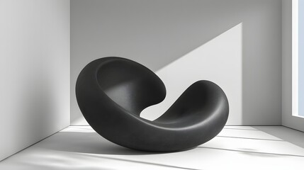 A modern, sleek, black lounge chair with smooth curves, highlighted by soft natural light in a minimalist interior space.