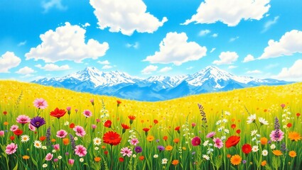 Obraz premium Vibrant wildflower meadow with snow capped mountains under a blue sky with fluffy clouds