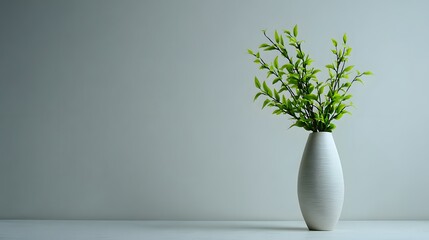 A simple white vase holds a vibrant bunch of fresh-looking green leaves against a neutral backdrop.