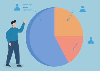 A man presents a pie chart analyzing user data and market segments. A flat vector illustration for business reports, analytics, and data visualization