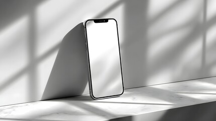 A stylish, modern smartphone rests on a marble surface, bathed in soft, dappled light.