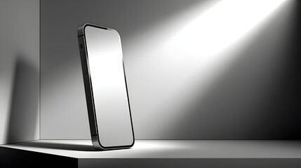 A modern smartphone model is presented against a neutral backdrop, illuminated by a focused spotlight.