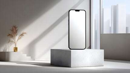 A modern, minimalist scene showcasing a blank smartphone on a light gray podium, bathed in natural light.