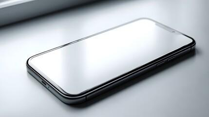 Sleek, modern smartphone rests on a clean, white surface, showcasing a large, bright display.