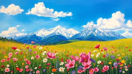 Vibrant wildflower meadow with snow capped mountains under a blue sky