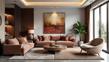 Sleek, modern living room with metallic accents and luxurious textures Velvet seating, abstract art, and statement lighting create a glamorous atmosphere , silver, pillows, ambiance