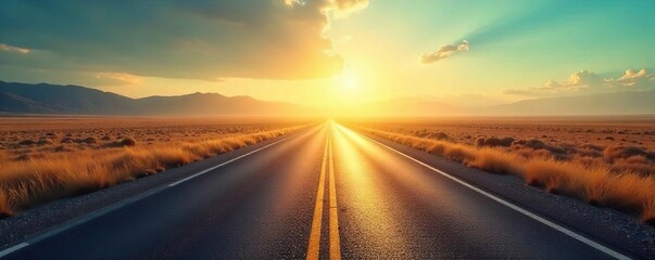 Endless asphalt ribbon disappearing into a hazy, sun-drenched horizon, promising adventure and open road freedom  Perfect for travel, vacation, and wanderlust themes ,  open road,  adventure