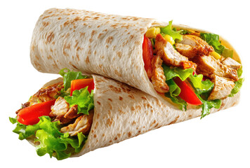 Two chicken wraps, filled with grilled chicken, lettuce, and tomato, nestled together