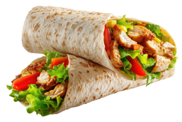 Two chicken wraps, filled with grilled chicken, lettuce, and tomato, nestled together