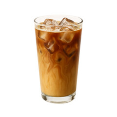 Refreshing iced coffee with creamy swirls and ice cubes in a clear glass, perfect for summer refreshment and cafe promotions.