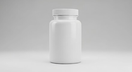 A blank white plastic pill bottle stands on a light gray background.