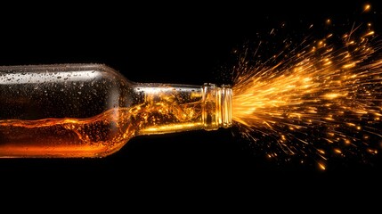 A golden liquid bursts from a bottle, showcasing a dramatic display of sparkling light against a dark background.
