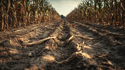 Fototapeta premium Drought effect visible in dry cornfield landscape concept. A barren cornfield with dry soil and rows of stalks visible.