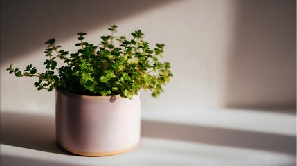 A small, vibrant plant in a light-pink ceramic planter sits against a pale background, illuminated by natural light, showcasing a serene and calming aesthetic.