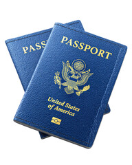 Two US passports, stacked, in a blue leather-like cover