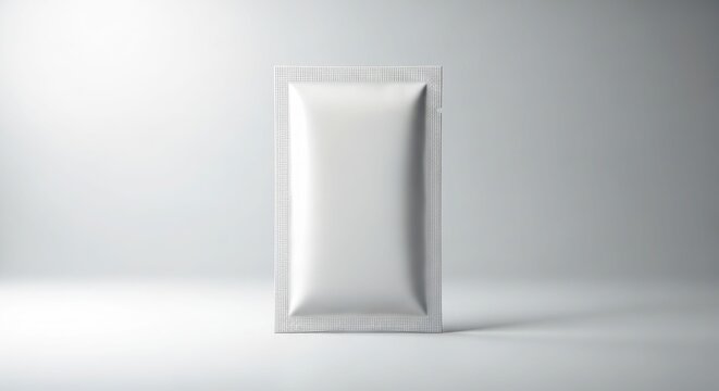 A single, blank, white packet stands centered on a light grey background.