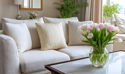 Fototapeta premium The living room of an American style family features a high end single sofa with a small table and white and pink tulips. 