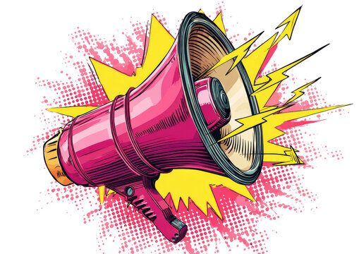 A vibrant pink megaphone erupts with yellow energy.  It's depicted in a retro comic-book style, with radiating light and graphic lines, creating a powerful message