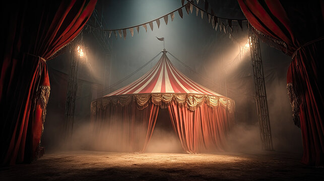 Circus tent glowing with bright lights at night concept. A mysterious circus tent illuminated by soft, dramatic lighting.