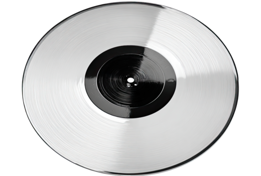 High-angle close-up of a vinyl record.  The record is predominantly white, with a black center.  A subtle radial pattern is visible on the black section