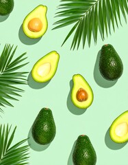 Pattern of halved avocados and palm fronds on a mint green background