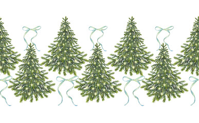 Fototapeta premium Watercolor seamless border with Christmas tree with gold garland and bow on white background. Evergreen fir or pine for sticker or card. Hand-drawn rim for New Year celebration wrapping or wallpaper