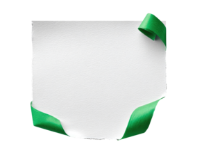 Blank white rectangular card or paper with two curved green ribbons framing it
