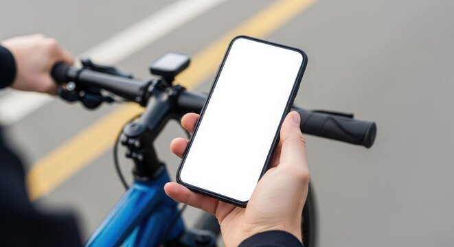Person holding a smartphone with a blank white screen while riding a blue bicycle on a paved road.
