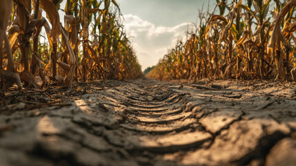 Drought effect visible in dry cornfield landscape concept. Cracked soil between dried corn stalks in a drought-affected field.