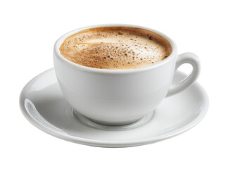 A white ceramic coffee cup and saucer, filled with coffee, sits on a white saucer. Light brown coffee, topped with a layer of crema, fills the cup