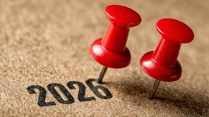 Charting new paths: welcoming 2026 with ambition and clear intent. Large format. Red pin, new year: illuminating the shift to 2026 on a vintage canvas. Sharp image. Creative poster.