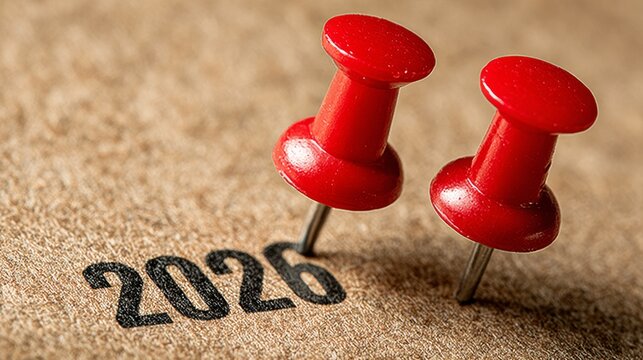 Charting new paths: welcoming 2026 with ambition and clear intent. Large format. Red pin, new year: illuminating the shift to 2026 on a vintage canvas. Sharp image. Creative poster.