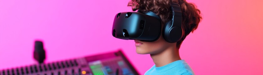 Kid Immersed VR Headset, Headphones and Mixing Desk on Pink,Virtual Reality ,Gaming