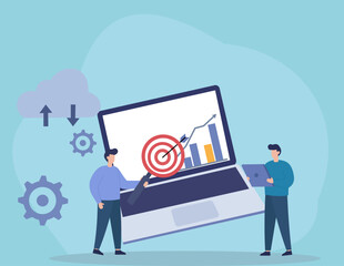A team analyzes business data and targets growth goals using technology. This flat vector shows collaboration, market strategy, and data-driven success