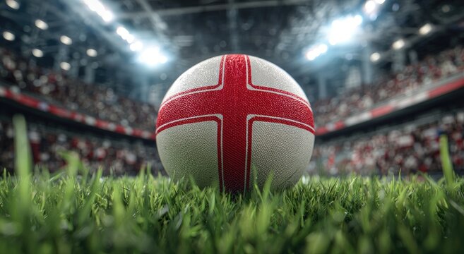 Rugby ball on grassy field in stadium - Powered by Adobe