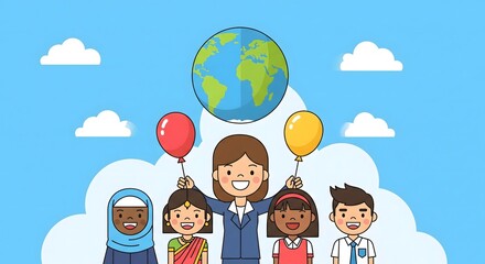 World Teachers’ Day cartoon illustration with diverse children and teacher holding Earth globe and balloons symbolizing education, unity, cultural diversity, and global appreciation for teachers