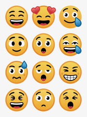 Fototapeta premium A diverse array of expressive emoji faces displaying various emotions, including joy, sadness, surprise, and love, isolated on white background