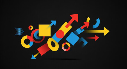 Colorful geometric shapes and arrows moving forward on black background
