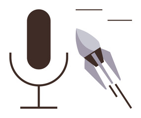 Microphone and ascending rocket representing audio communication, growth, and innovation. Ideal for technology, podcasting, startup success, digital progress, creative ideas, broadcasting