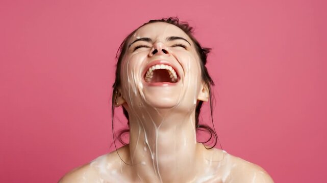 Woman face splash with liquid joyful expression pink background