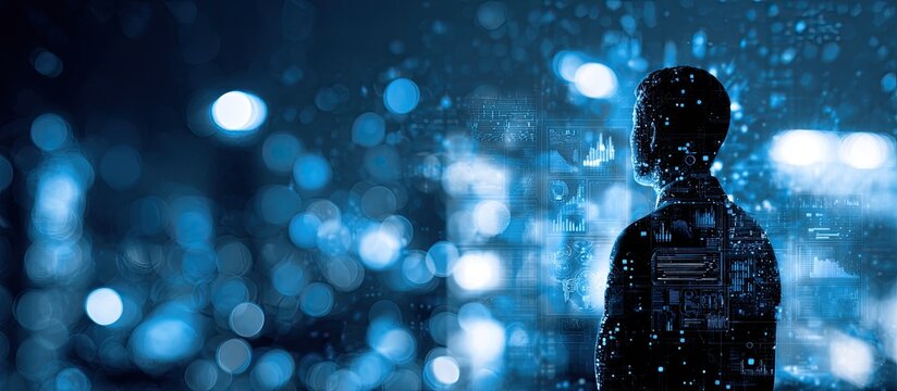 Silhouette of person at night with city lights - Powered by Adobe