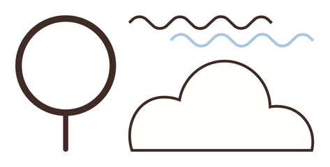 Simplified nature depiction featuring a tree, a cloud, and wavy lines. Ideal for ecology, weather, simplicity, outdoor themes, natural elements minimal art and clean design. Simple flat metaphor